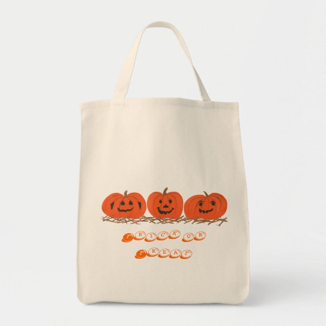 Drei Pumpkins sitzen im Strohhalm, Halloween-Tasch Tragetasche (Vorne)