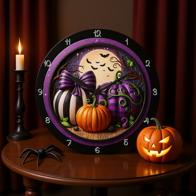 Drei Pumpkins unter Vollmond Große Wanduhr (Von Creator hochgeladen)