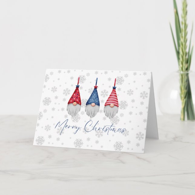 Drei Red Blue Gnomes Frohe Weihnachtsschneeflocken Karte (Vorderseite)