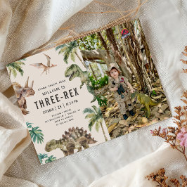 Drei Rex Dinosaurier 3. Geburtstags-Party-Foto Einladung