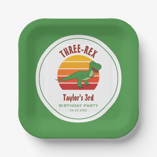 Drei Rex Dinosaurier Gender Neutral Fun 3. Geburts Pappteller (Vorderseite)