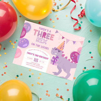 Drei Rex Mädchen Einladung. T-Rex 3. Geburtstag Einladung