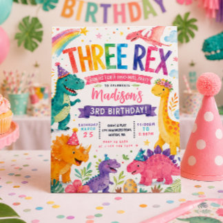 Drei REX Regenbogen-Dinosaurier-Mädchen-Geburtstag Einladung