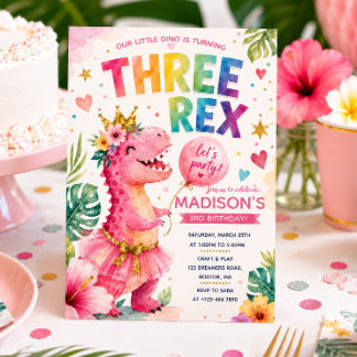 Drei REX Regenbogen-Dinosaurier-Mädchen-Geburtstag Einladung