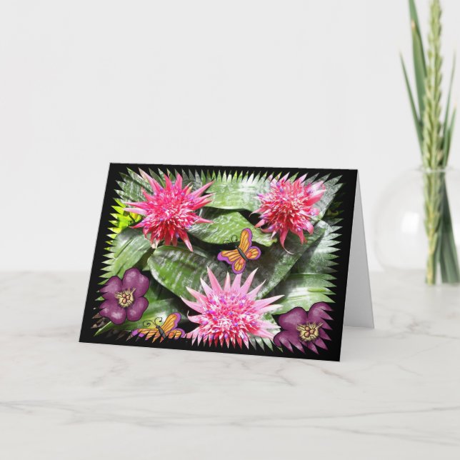 Drei rosa Kaktus-Blumen mit Schmetterlingen Karte (Vorderseite)