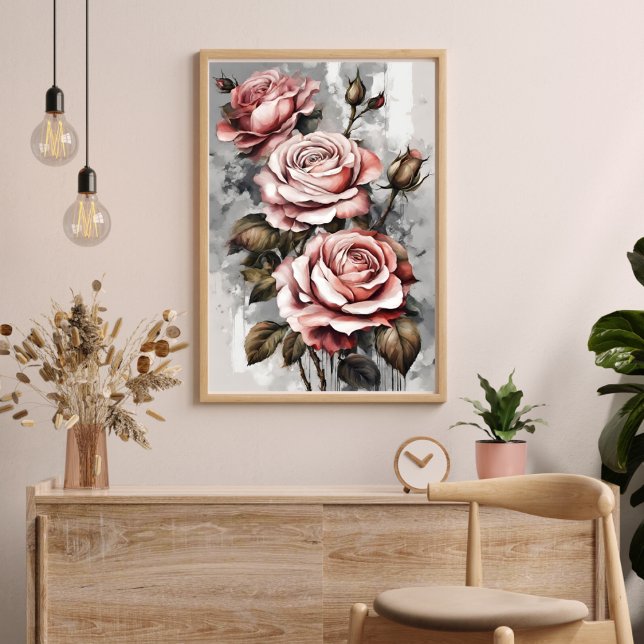 Drei rosa Rosen Blumengestein Modernes Poster (Three Pink Roses Floral Modern Art Poster)