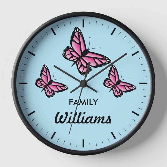 Drei rosa Schmetterlinge mit Familienname Wanduhr (Vorderseite)