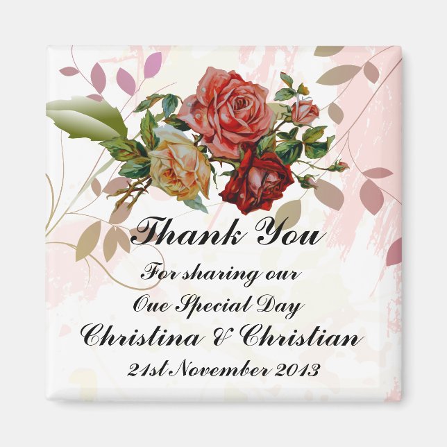 Drei Rose Floral Wedding Bomboniere Vielen Dank Magnet (Vorne)