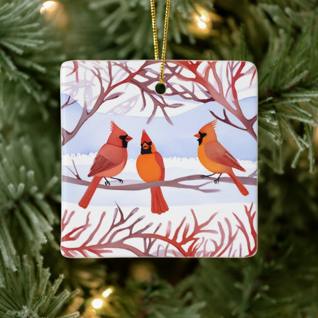 Drei rote Kardinäle in Schneezweigen Keramikornament (Baum)