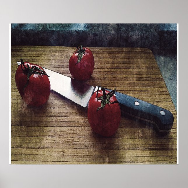 Drei rote Tomaten auf einem Schrank Poster (Vorne)