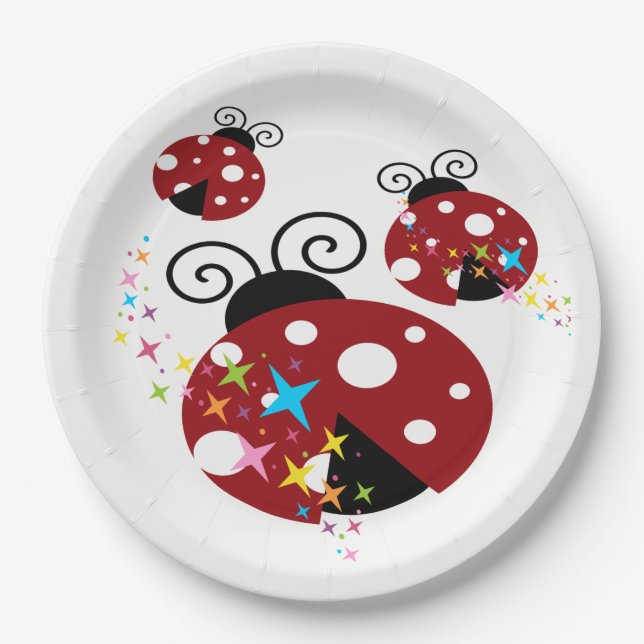 Drei rote und schwarze Ladybude mit Sternen Pappteller (Vorderseite)
