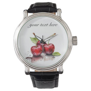 drei Rotsaftkirschen in Aquarellfarben Armbanduhr