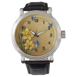 Drei Schmetterlinge und Affodien Armbanduhr
