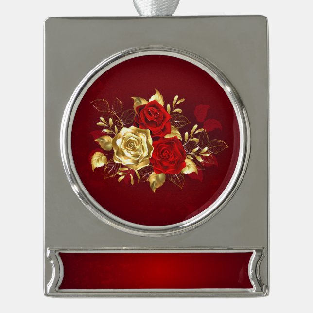 Drei Schmuckstücke Rose Banner-Ornament Silber (Vorderseite)