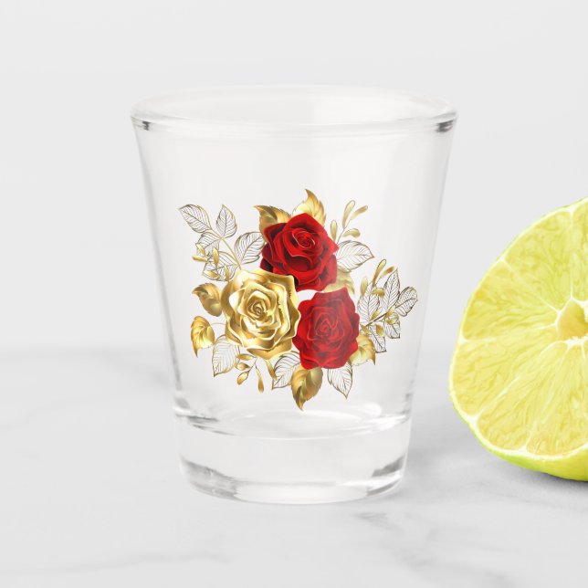 Drei Schmuckstücke Rose Schnapsglas (Vorderseite)