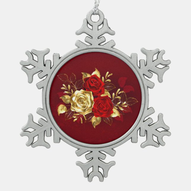 Drei Schmuckstücke Rose Schneeflocken Zinn-Ornament (Vorderseite)
