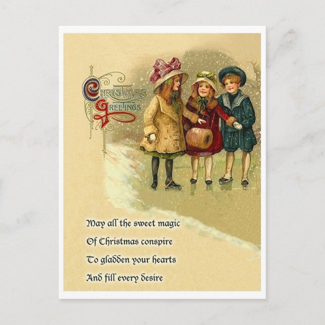 Drei schneebedeckte Mädchen, Weihnachten mit Gedic Postkarte (Vorderseite)