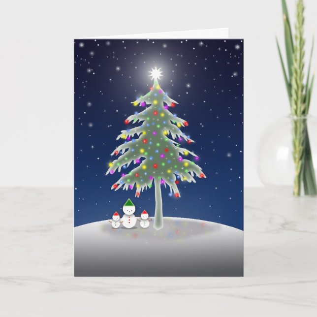 Drei Schneemänner und Weihnachtsbaumkarte Feiertagskarte (Vorderseite)