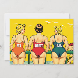 Drei schöne Frauen in Bikini am Strand, lustig Save The Date