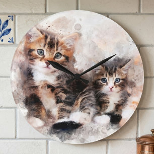 Drei schöne und niedliche Kätzchen Aquarell Große Wanduhr