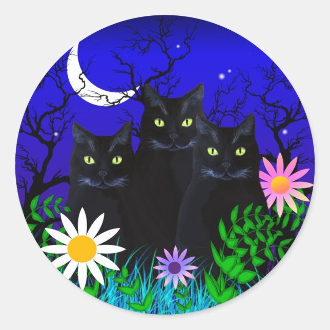 Drei schwarze Katzen bei Nachtklebern Runder Aufkleber (Vorderseite)