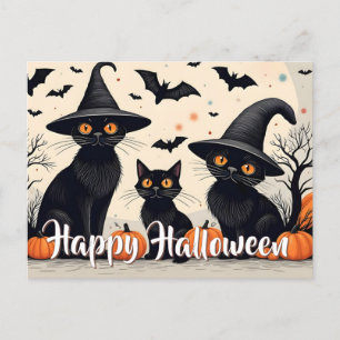 Drei schwarze Katzen mit Hüten an Halloween Feiertagspostkarte