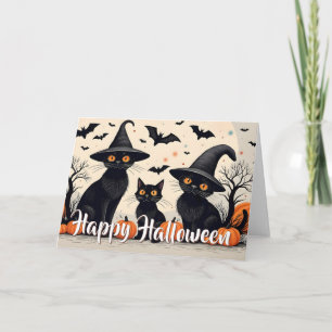 Drei schwarze Katzen mit Hüten an Halloween Karte
