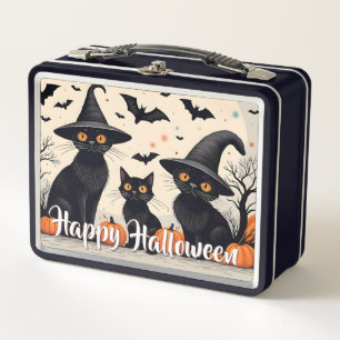 Drei schwarze Katzen mit Hüten an Halloween Metall Brotdose
