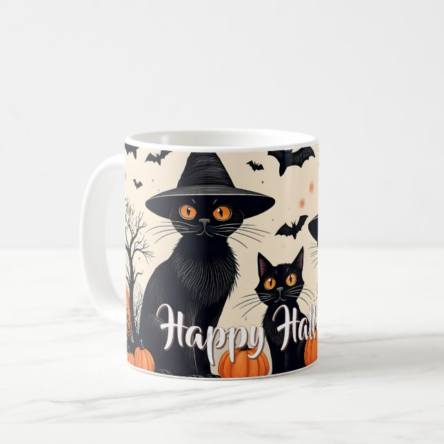 Drei schwarze Katzen zu Halloween Kaffeetasse (Vorderseite Links)