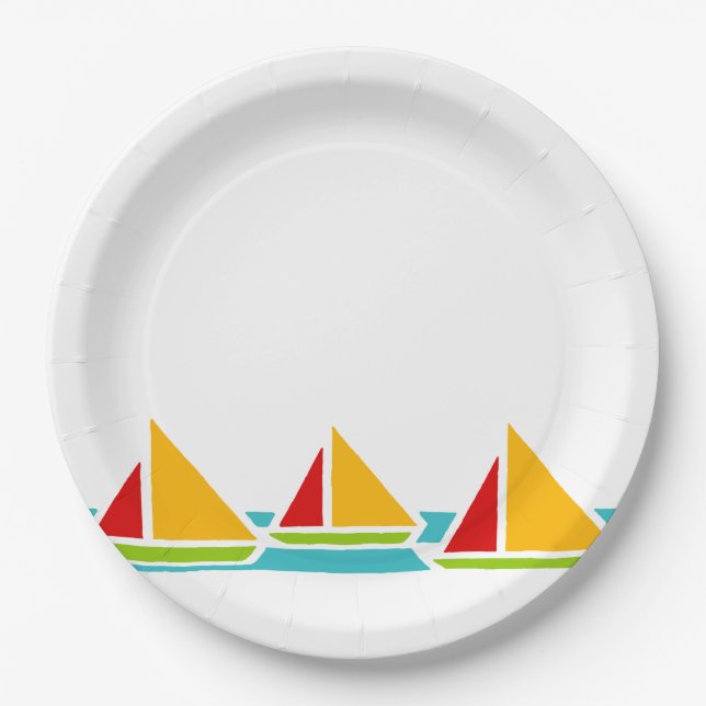 Drei Segel-Boote in den hellen Farben Pappteller (Vorderseite)