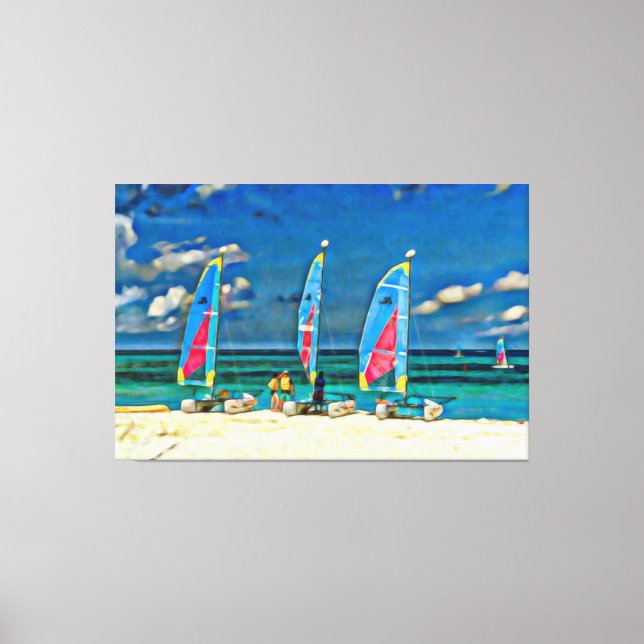 Drei Segelboote am Strand Tropical Beach Leinwanddruck (Vorderseite)