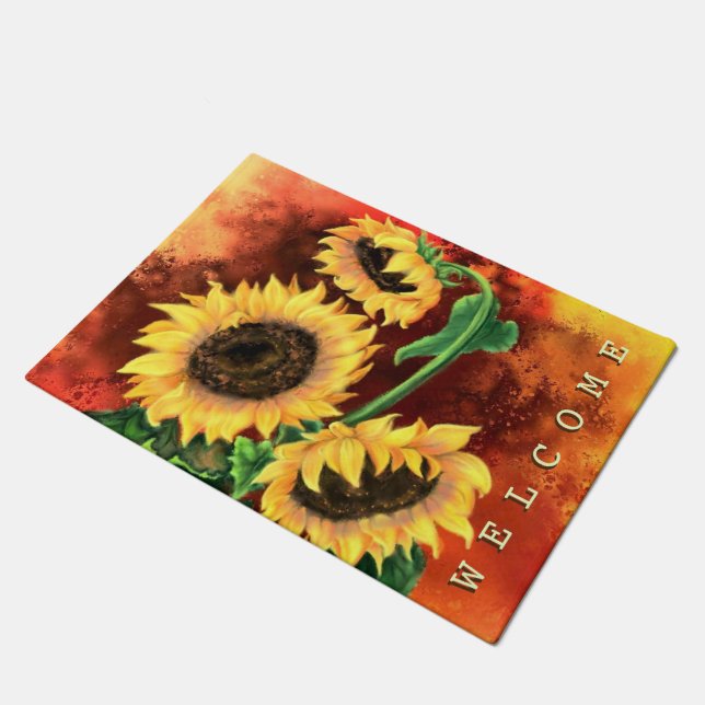 Drei Sonnenblumen Begrüßung - Malerei Fußmatte (Schrägansicht)