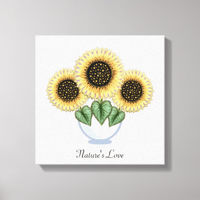 Drei Sonnenblumen mit Herz-Blätter in einer Vase Leinwanddruck (Vorderseite)