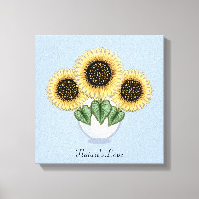 Drei Sonnenblumen mit Herz-Blätter in einer Vase Leinwanddruck (Vorderseite)