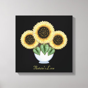 Drei Sonnenblumen mit Herz-Blätter in einer Vase Leinwanddruck