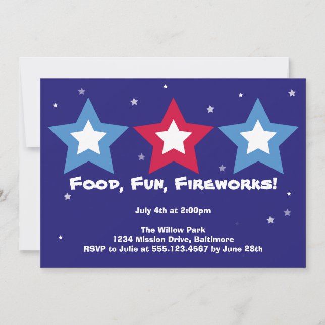Drei Sterne Lebensmittel Spaß Feuerwerk 4. Juli Pa Einladung (Vorderseite)