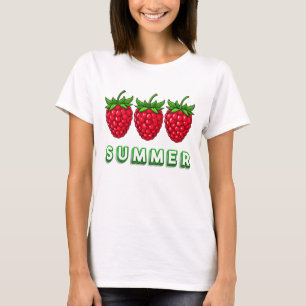 Drei stilvoll gezeichnete Himbeeren in hellen Farb T-Shirt