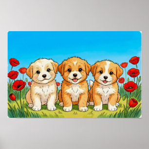 Drei süße Welpen und rote Klatschmohnblumen Poster
