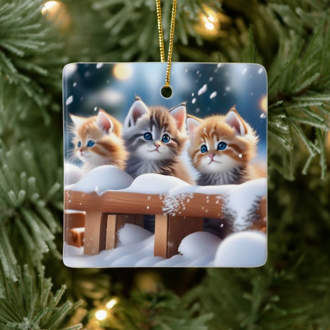 Drei Tabby Katzen spielen im Schnee Keramikornament (Baum)