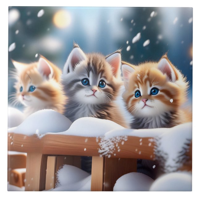 Drei Tabby Katzen Spielen in der Schneeportrait-Po Fliese (Vorderseite)