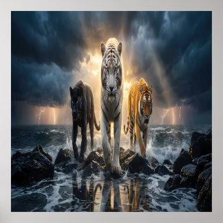 Drei Tiger im stürmischen Meer Poster