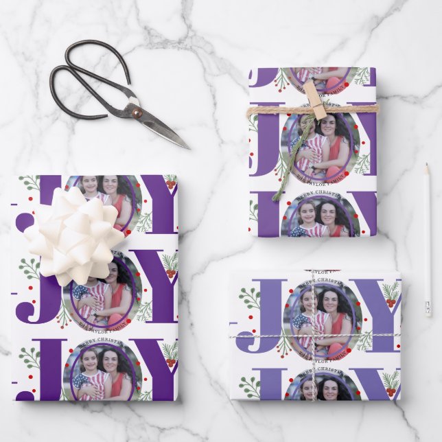 Drei Töne lila Freude Weihnachten Foto Geschenkpapier Set (Vorderseite)