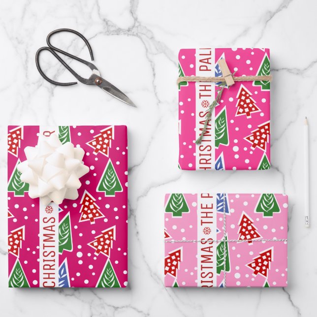 Drei Töne rosa Weihnachtsbäume Schnee und Name Geschenkpapier Set (Vorderseite)
