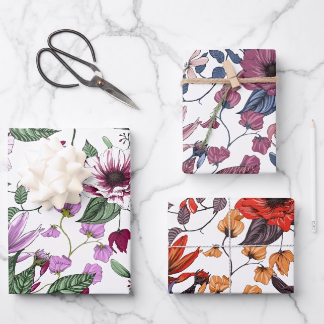 Drei verschiedene Blume Geschenkpapier Set (Vorderseite)