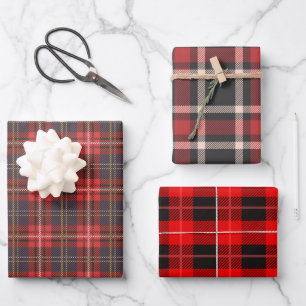 Drei verschiedene Weihnachten kariert rot und schw Geschenkpapier Set