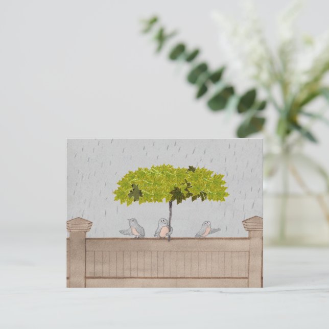 Drei Vögel im Regen Postkarte (Stehend Vorderseite)