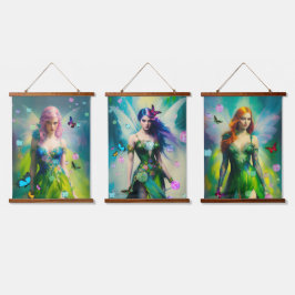 Drei Wald Female Fairy Portraits Wandteppich Mit Holzrahmen