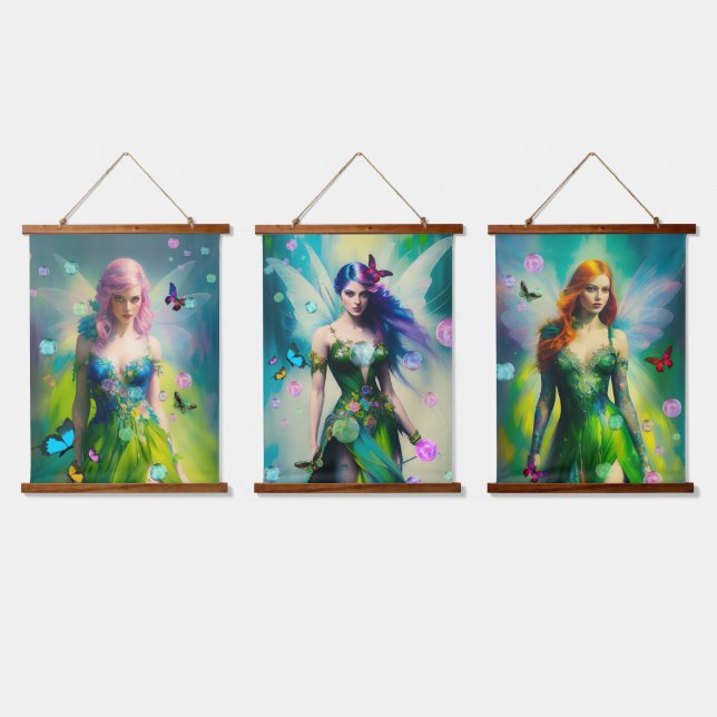 Drei Wald Female Fairy Portraits Wandteppich Mit Holzrahmen (Dreifach)