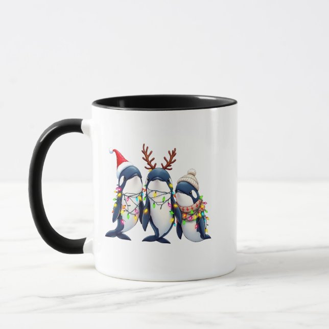 Drei Wale mit Weihnachtsfeiertag-Weihnachtsmannmüt Tasse (Links)