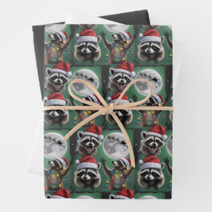 Drei Waschbären mit dem Mondgalaxie-Weihnachten  Geschenkpapier Set